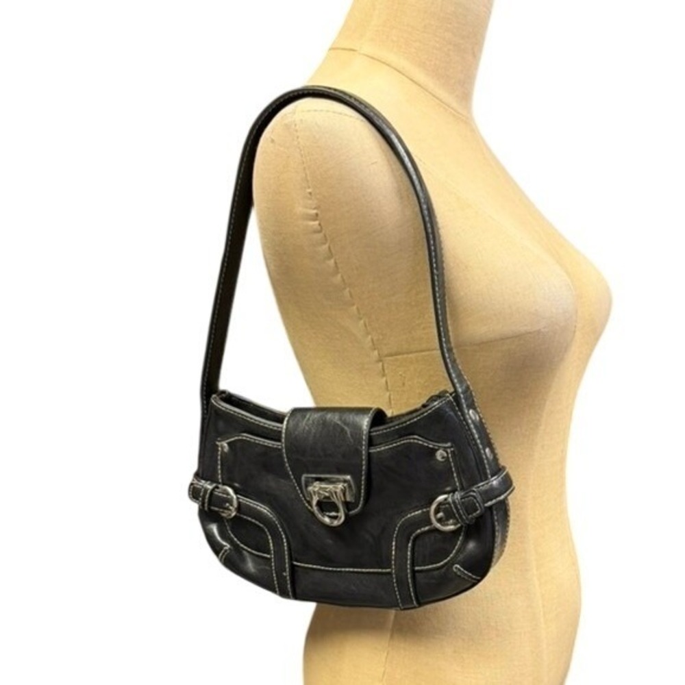 Apt. 9 Black Faux Leather Shoulder Bag White Contrast Stitching Y2K Baguette